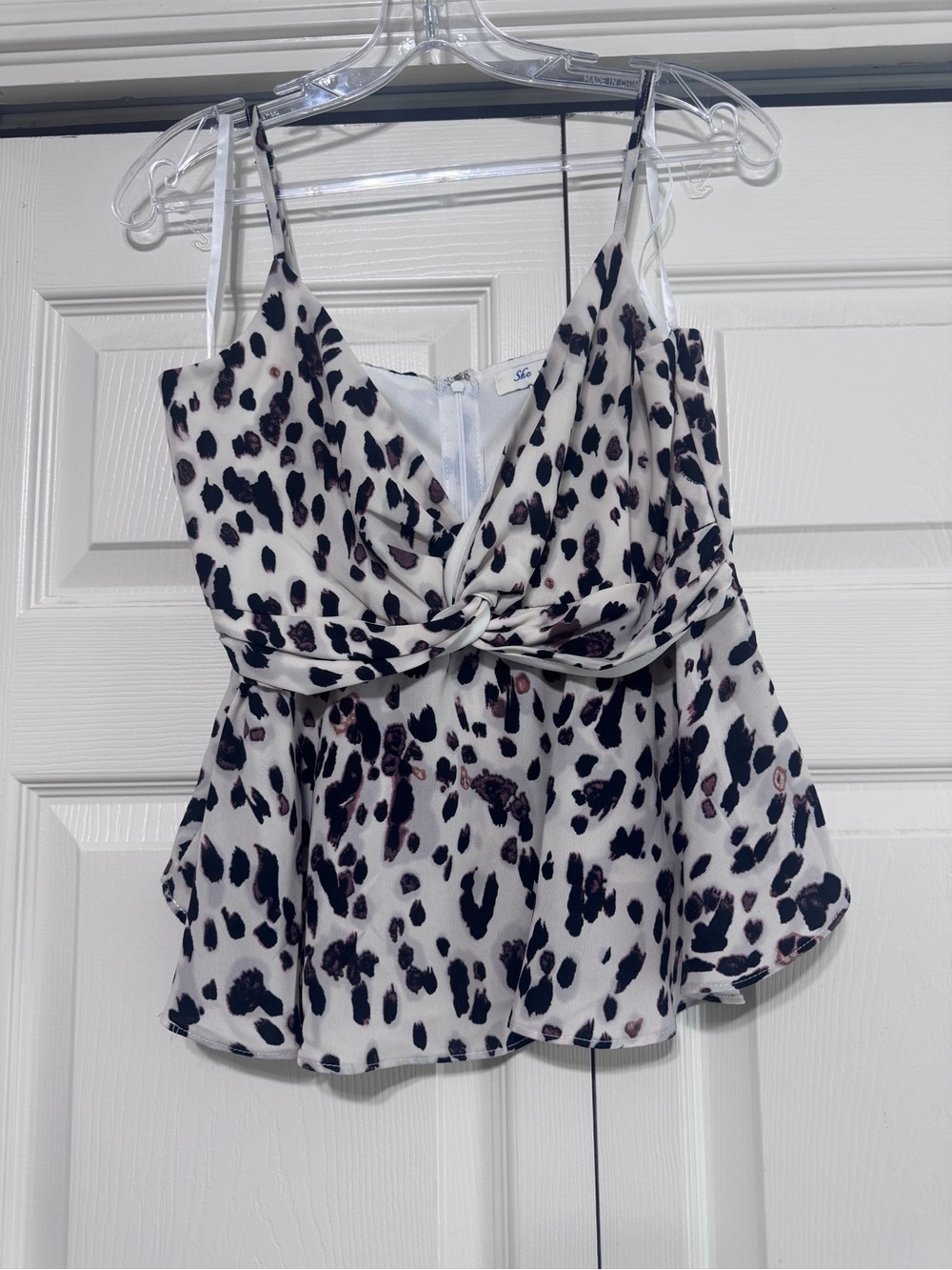 She + Sky White Leopard Print Twist-Front Peplum Camisole